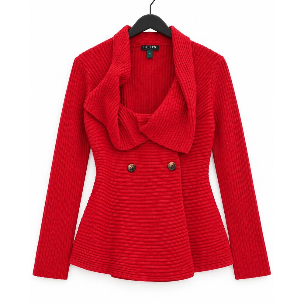 Lauren Ralph Lauren 100% Cotton Red Ruffle Cardigan Sweater Jacket XL